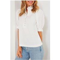 Everyday The Label Women's White Frilled Edge Half Button Stand Neck Bubble Sleeve Blouse | Size: Medium
