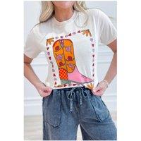 Everyday The Label Women's White Floral Cowgirl Boots Printed Casual T-Shirt | Size: Small