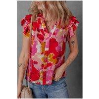 Everyday The Label Women's Red Abstract Print Split V Neck Ruffle Short Sleeve Blouse | Size: Small