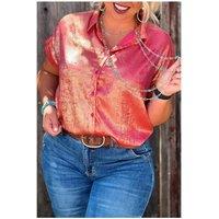Everyday The Label Women's Rose Red Plus Size Metallic Sheen Short Sleeve Button Up Shirt in Crimson | Size: 3XL