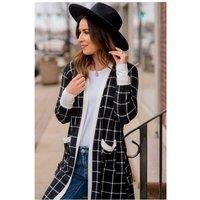 Everyday The Label Women's Black Plaid Colorblock Edge Open Cardigan with Pocket | Size: Medium
