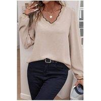 Everyday The Label Women's Jet Stream Contrast Scallop Trim V Neck Long Sleeve Blouse in Cool White | Size: XL