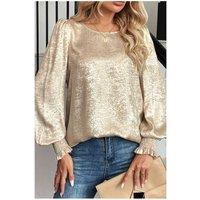Everyday The Label Women's Apricot Metallic Round Neck Smocked Long Sleeve Blouse in Peach | Size: XL
