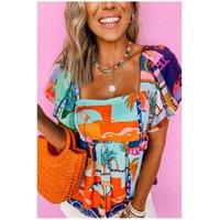 Everyday The Label Women's Sky Blue Tropical Printed Square Neck Flutter Sleeve Babydoll Blouse in Pale Blue | Size: Large