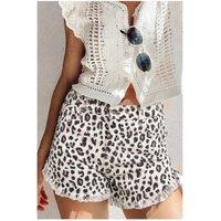 Everyday The Label Women's White Leopard Frayed Hem Denim Shorts | Size: 4