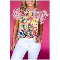 Everyday The Label Women's Red Floral Mixed Print Ruffle Cap Sleeve Blouse | Size: Large