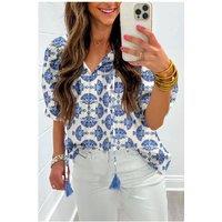 Everyday The Label Women's Sky Blue Geometric Print Tassel Drawstring V Neck Blouse in Pale Blue | Size: Medium