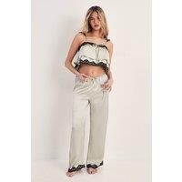 NastyGal Women's Satin Ruffle Lace Detail Trouser Pajama Set in Sage | Size: Small