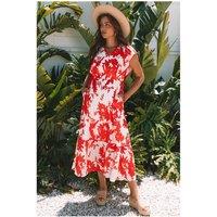 Everyday The Label Women's Red Floral Print Trimmed V Neck Ruffle Sleeve Long Dress | Size: Large