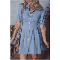 Everyday The Label Women's Myosotis Denim Pleated Slim Waist Short Sleeve Shirt Dress in Pale Blue | Size: Medium