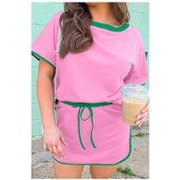 Everyday The Label Women's Bonbon Plus Size Contrast Trim T-Shirt & Skirt Two Piece Set in Bright Pink | Size: 3XL