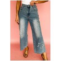 Everyday The Label Women's Stone Blue Star Patchwork Cropped Wide Leg High Waist Jeans in Mid Blue | Size: 18