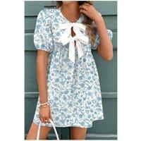 Everyday The Label Women's Sky Blue Floral Contrast Bow Puff Sleeve Mini Dress in Pale Blue | Size: XL