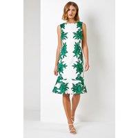 Roman Women's Floral Border Print Frill Stretch Dress in Green | Size: 10