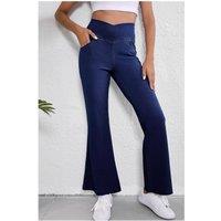 Everyday The Label Women's Dusk Blue Solid Crossed Waist High Elastic Fit Flare Knit Jeans in Mid Blue | Size: 14
