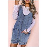 Everyday The Label Women's Dusk Blue Sleeveless U Neck Patched Pocket Denim Romper in Mid Blue | Size: Large