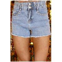 Everyday The Label Women's Beau Blue Rhinestone Light Wash Raw Hem High Waist Denim Shorts in Pale Blue | Size: 4