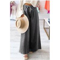 Everyday The Label Women's Carbon Grey Mineral Wash Button Fly Waist Wide Leg Jeans in Dark Grey | Size: 14