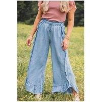 Everyday The Label Women's Myosotis Light Wash Raw Hem Ruffled Wide Leg Jeans in Pale Blue | Size: 8
