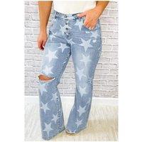 Everyday The Label Women's Sky Blue Star Printed Multi Buttons Slit Knee Destroyed Plus Size in Pale Blue | Size: 24