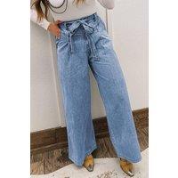 Everyday The Label Women's Beau Blue Western Washed Bow Knot Sash Wide Leg Jeans in Pale Blue | Size: 12
