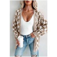 Everyday The Label Women's Brown Checkered Open Front Drop Shoulder Cardigan | Size: Small
