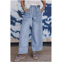 Everyday The Label Women's Beau Blue Drawstring Seam Detail Raw Hem Wide Leg Denim Pants in Pale Blue | Size: 10