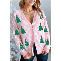 Everyday The Label Women's Pink Checkered Christmas Tree Pattern Button V Neck Cardigan Sweater | Size: Medium