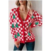 Everyday The Label Women's Red Checkered Christmas Tree Pattern Button V Neck Cardigan Sweater | Size: Small