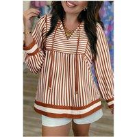 Everyday The Label Women's Brown Stripe Babydoll Long Sleeve Blouse | Size: XL