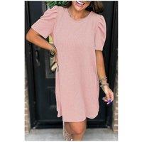 Everyday The Label Women's Blossom Corded Knit Crew Neck Puff Sleeve Shift Mini Dress in Baby Pink | Size: Large