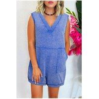 Everyday The Label Women's Sky Blue Mineral Wash Pocketed Sleeveless V Neck Loose Romper in Pale Blue | Size: Large