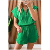 Everyday The Label Women's Bright Green Textured Short Sleeve Half Zip Drawstring Waist Romper | Size: Large