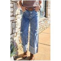 Everyday The Label Women's Ashleigh Blue Mineral Wash Bottom Cuff Distressed Wide Leg Jeans in Pale Blue | Size: 16