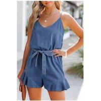 Everyday The Label Women's Ashleigh Blue Spaghetti Straps V Neck Belted Ruffled Leg Chambray in Pale Blue | Size: Small