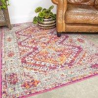 Kukoon Pink Grey Geometric Medallion Bordered Rug in Fuchsia | Size: 60 cm x 240 cm