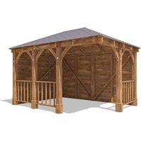 Dunster House Corner Wooden Gazebo with Roof Shingles 4m x 3m - Leviathan in Brown