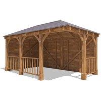 Dunster House Corner Wooden Gazebo with Roof Shingles 5m x 3m - Leviathan in Brown