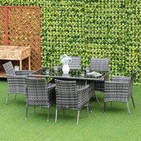 OUTSUNNY 6 Seater Rattan Dining Set with Cushions Glass Top Table, Garden Furniture Set in Grey