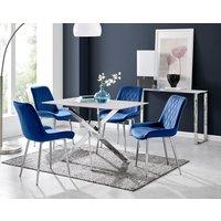 FurnitureboxUK Leonardo White Glass Marble Effect Silver Leg Table & 4 Pesaro Silver Chairs in Navy