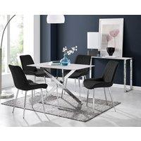 FurnitureboxUK Leonardo White Glass Marble Effect Silver Leg Table & 4 Pesaro Silver Chairs in Black