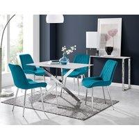 FurnitureboxUK Leonardo White Glass Marble Effect Silver Leg Table & 4 Pesaro Silver Chairs in Blue