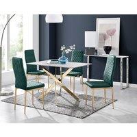 FurnitureboxUK Leonardo White Glass Marble Effect Gold Leg Table & 4 Velvet Milan Gold Leg Chairs in Green