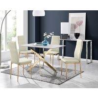 FurnitureboxUK Leonardo White Glass Marble Effect Gold Leg Table & 4 Velvet Milan Gold Leg Chairs in Cream