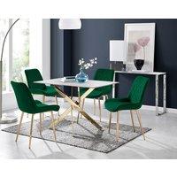 FurnitureboxUK Leonardo White Glass Marble Effect Gold Leg Table & 4 Pesaro Gold Leg Chairs in Green