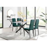 FurnitureboxUK Leonardo White Glass Marble Effect Black Leg Table & 4 Velvet Milan Black Leg Chairs in Green