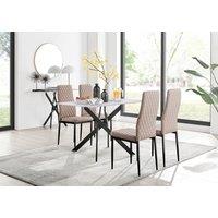 FurnitureboxUK Leonardo White Glass Marble Effect Black Leg Table & 4 Milan Black Leg Chairs in Beige