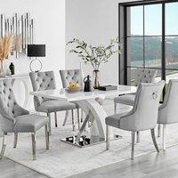 FurnitureboxUK Leonardo White Glass Marble Effect Silver Leg Table & 4 Milan Chrome Leg Chairs in Grey
