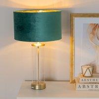 ValueLights Balan Glass with Gold Table Lamp & Velvet with Gold Inner Shade & LED Bulb in Bottle Green