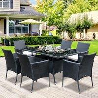 OUTSUNNY 6 Seater Rattan Dining Set with Cushions Glass Top Table, Garden Furniture Set in Black
